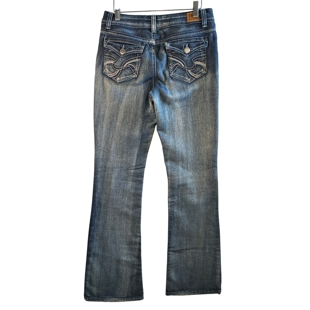 L.E.I. Sophia Hipster Flare Jeans Vtg Y2K Embroidered Flap Pocket Blue 7 Long‎